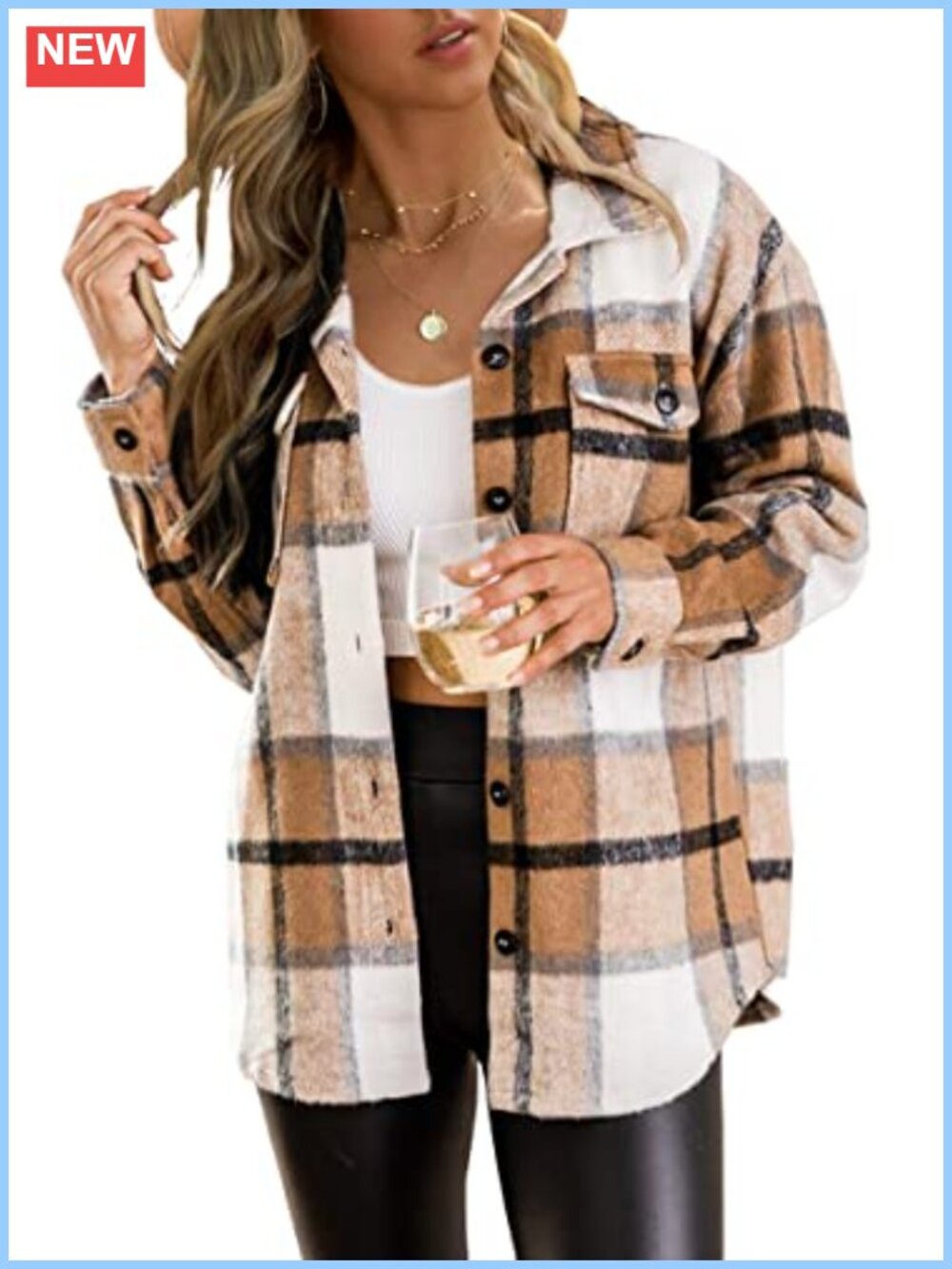 Women's Flannel Plaid Button Down Shacket Cozy Fall Winter Layer